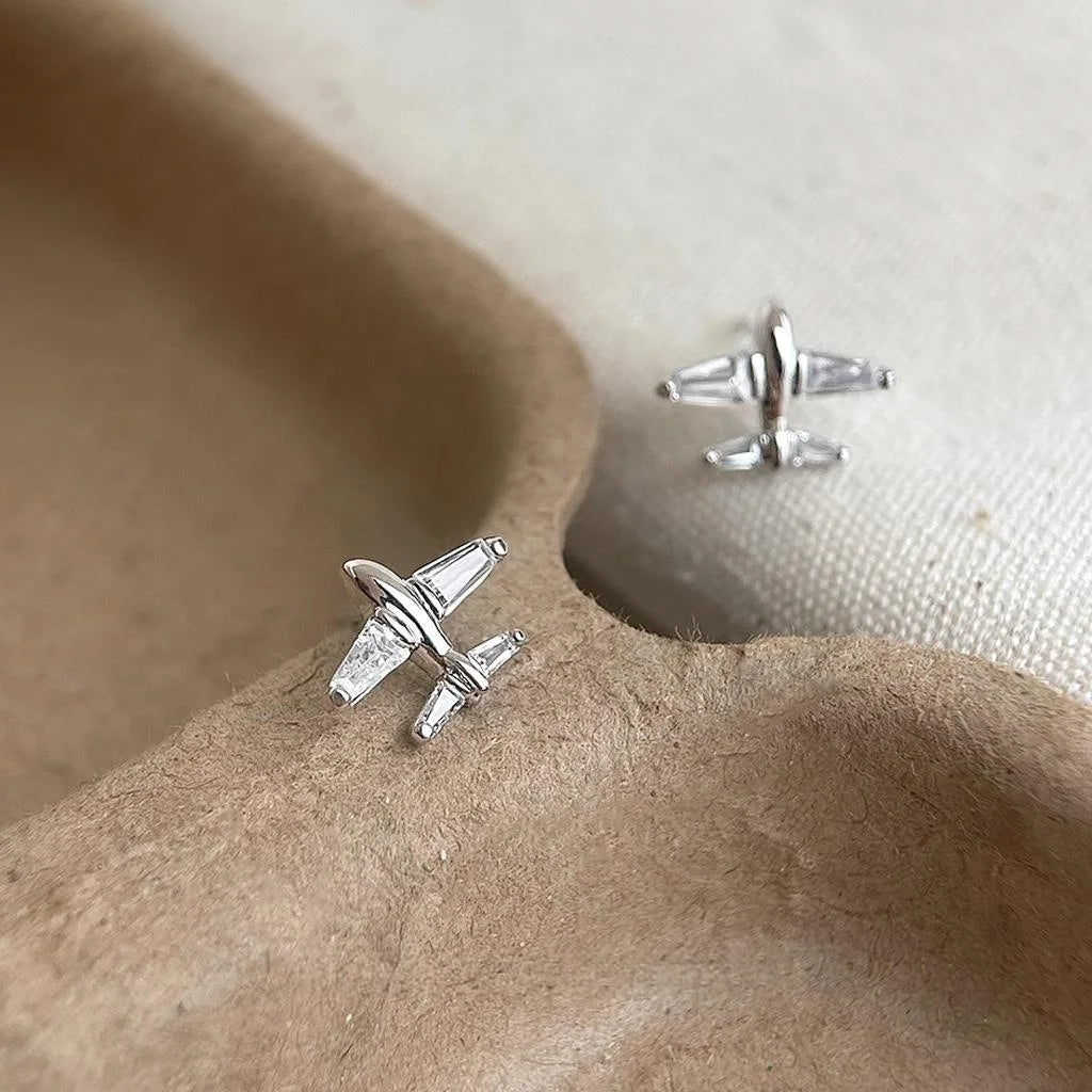Copper Zircon Airplane Stud Earrings Style Geometric Designer Ear Jewelry