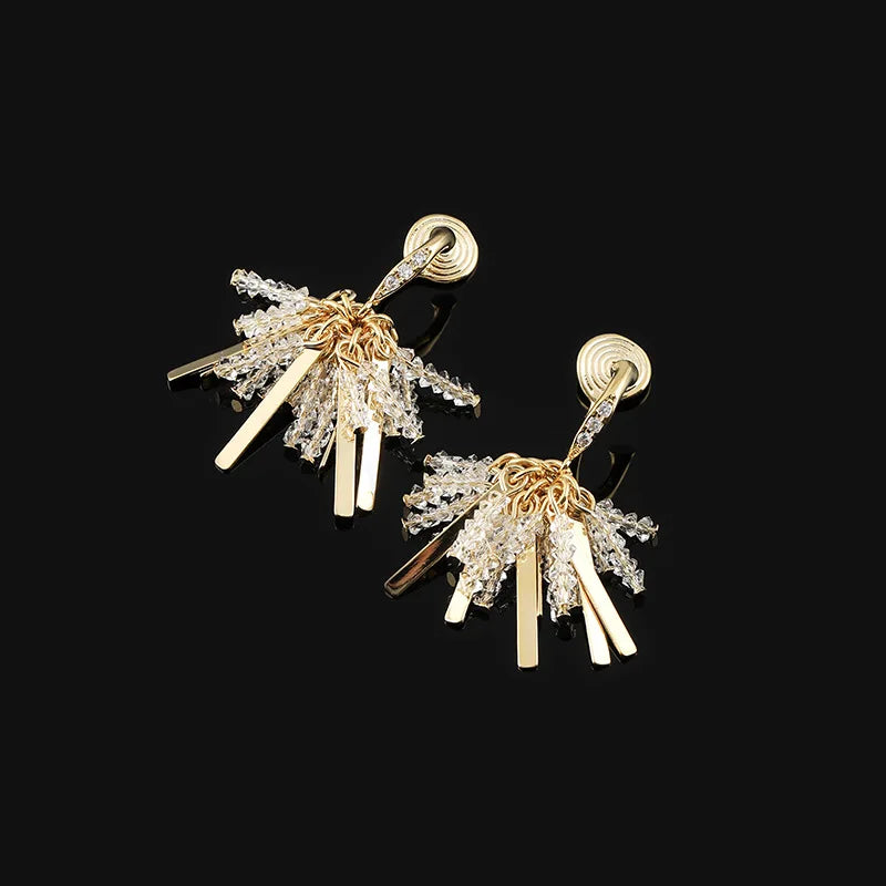 Luxury Handmade Spiral Crystal Tassel Alloy Bar Drop Stud & Clip On No Piercing Statement Earrings