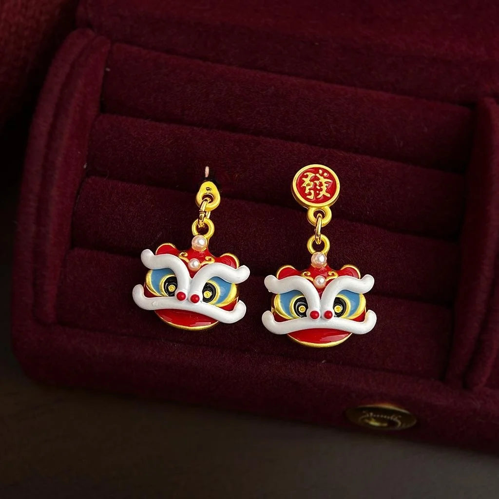 Hand Painted Copper Lion Dance Drop Earrings New Chinese Ethnic Year Of Horse Geometric Jewelry