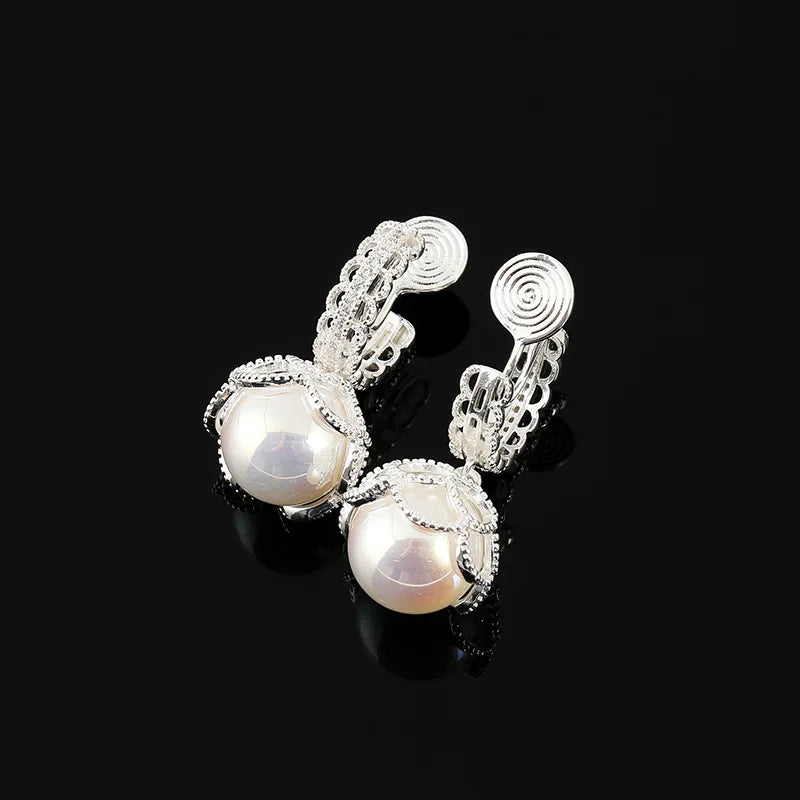 Elegant French Lace Filigree Spiral Circle Pink Pearl Rhinestone Stud & Clip On No Piercing Earrings