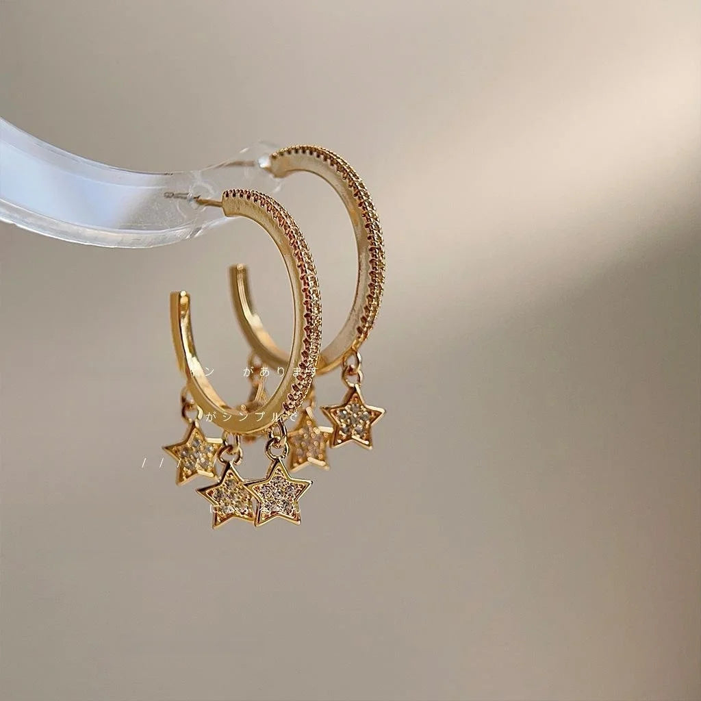 Luxury 14K Gold Plated Copper Star Drop Earrings With Micro Pave Zirconia Layered Design