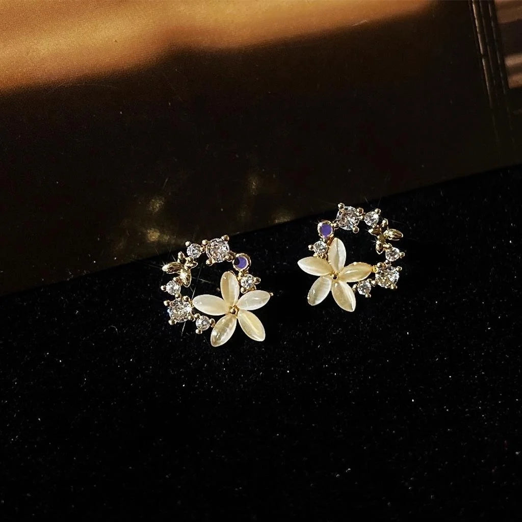14K Gold Plated Copper Flower Glass Cat Eye Zircon Stud Earrings Sweet Style