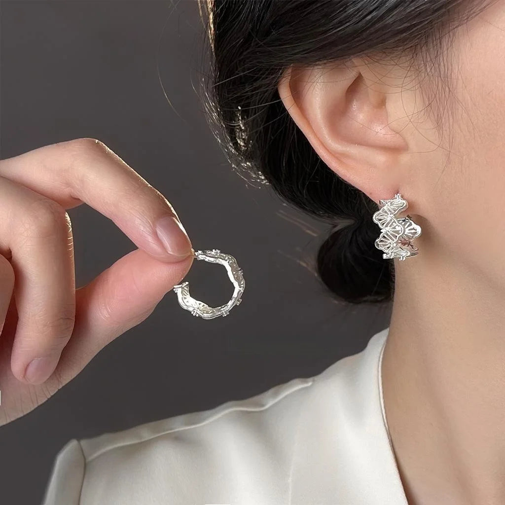 Eco Copper Silver Plated Micro Pave Zircon Hollow Lace Floral Leaf Drop Earrings