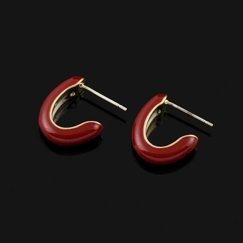 Elegant Red Enamel U Shape Spiral Disc Alloy Stud & Clip On No Piercing Commuter Earrings