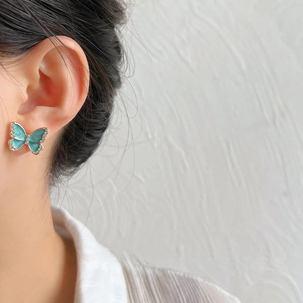 14K Gold Plated Butterfly Stud Earrings Sweet Enamel Rhinestone Jewelry