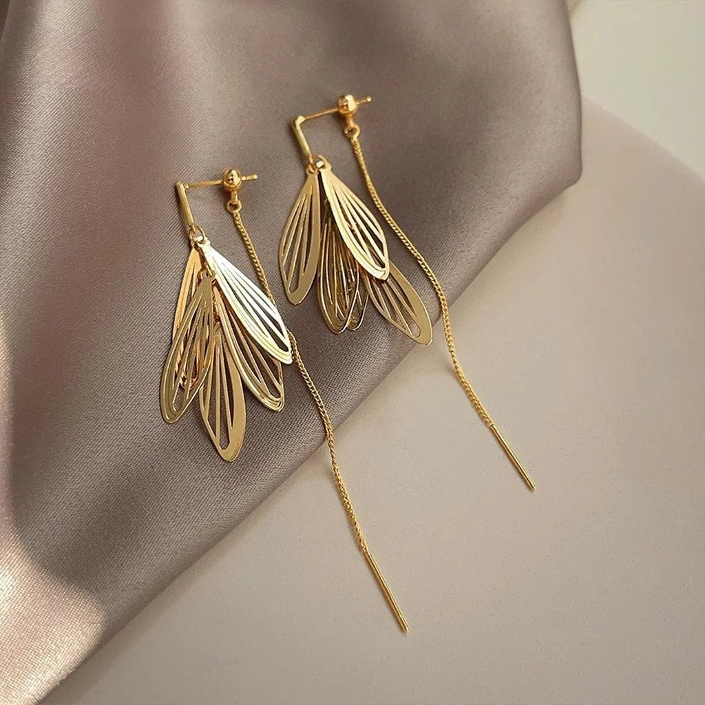 14K Gold Plated Copper Wing Leaf Tassel Drop Earrings Light Luxury Forest Style