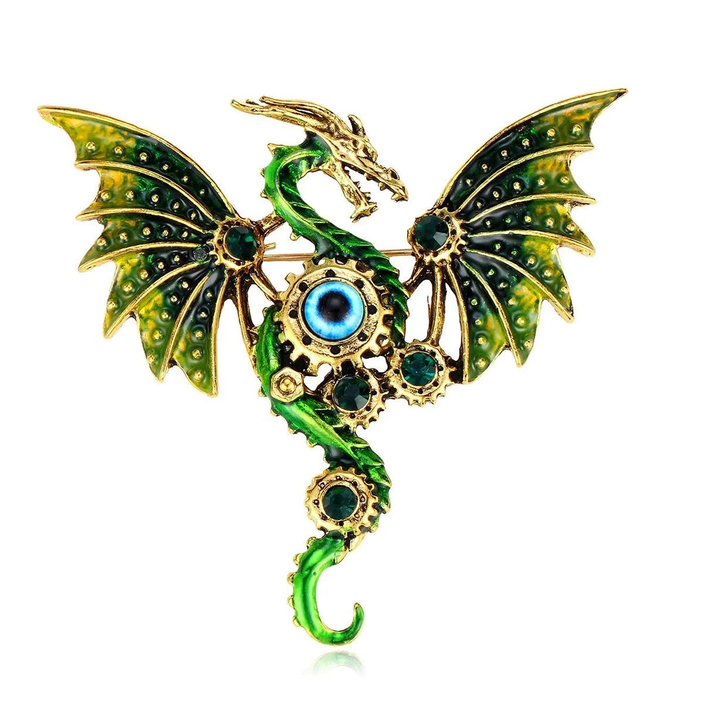 Vintage Fantasy Dragon Wing Brooch, Green Enamel Alloy Rhinestone Lapel Pin For Suit Accessory Gift