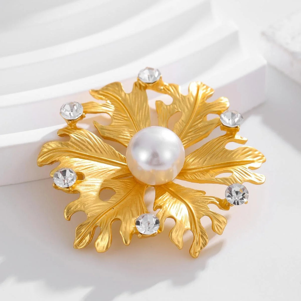 Elegant Gold Coconut Leaf Brooch With Faux Pearl And Rhinestones, Luxury Lapel Pin Suit Accessory Gift