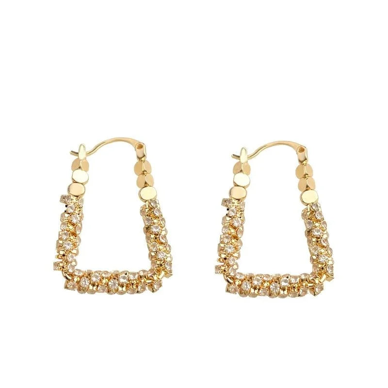 14K Gold Plated Copper Full Rhinestone Geometric Line Ring Drop Earrings For Light Luxury Commuter Style