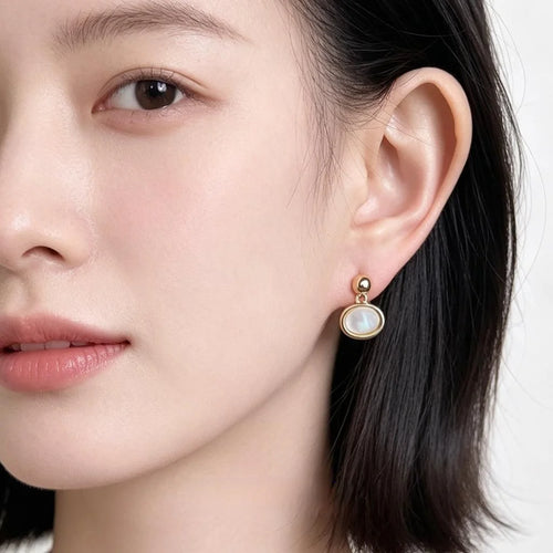 French Light Luxury 14K Gold Plated Copper Oval Stud Earrings For Women