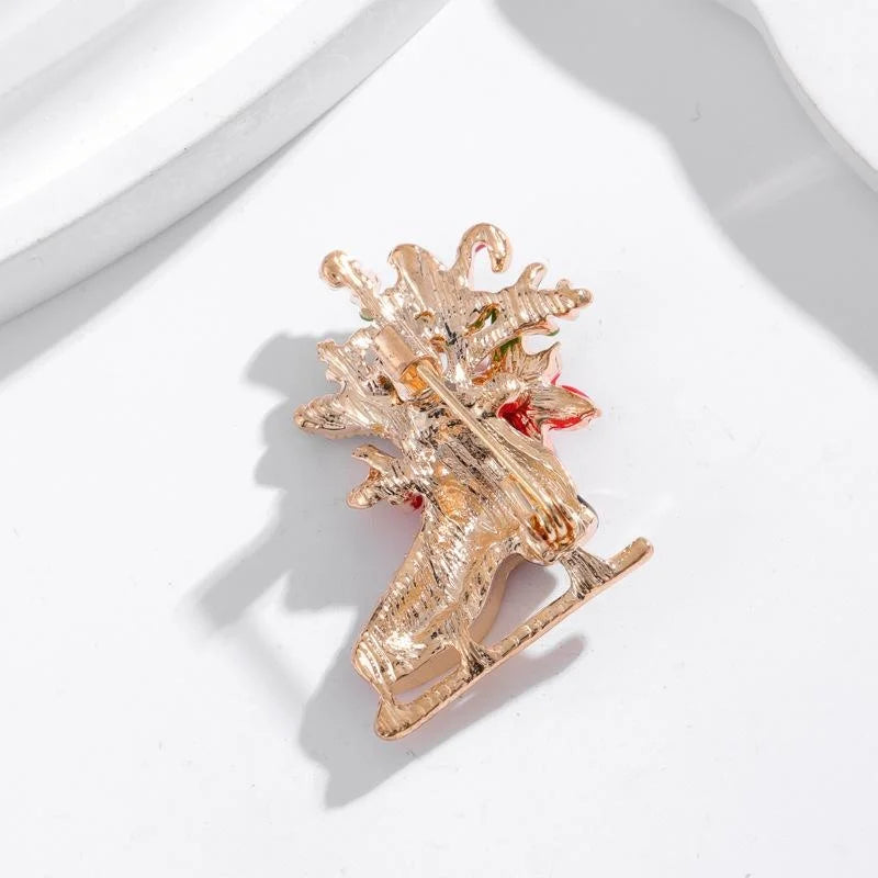 Cute Enamel Christmas Ice Skate Boot Brooch With Rhinestone Holly Poinsettia, Alloy Lapel Pin Gift