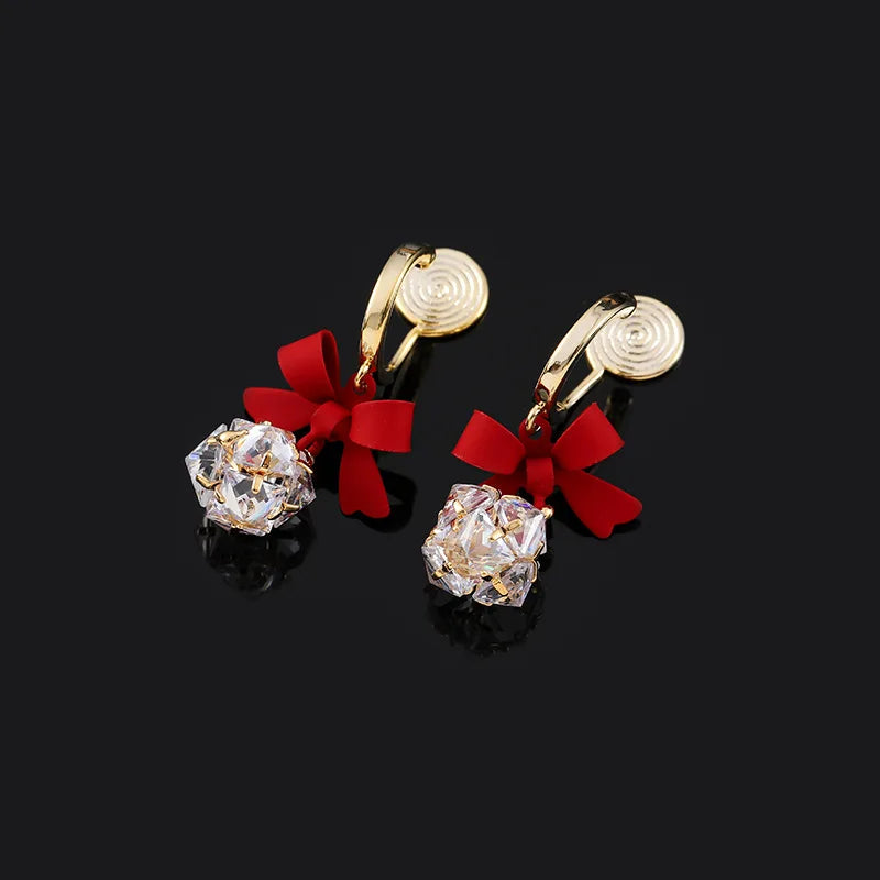 Elegant Red Bowknot Zircon Crystal Ball Spiral Alloy Stud & Clip On No Piercing Drop Dangle Earrings