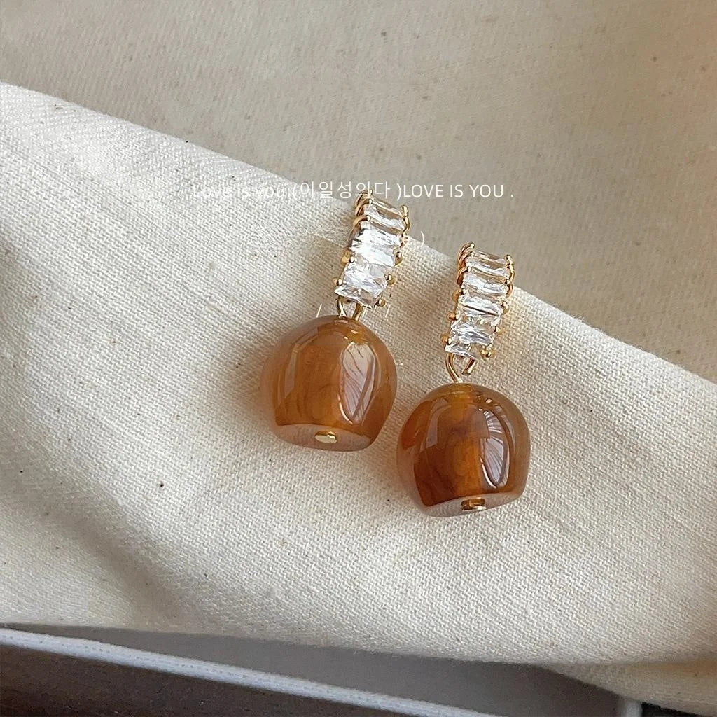 French Vintage Amber Zircon Tassel Drop Earrings 14K Plated Geometric Fashion Jewelry
