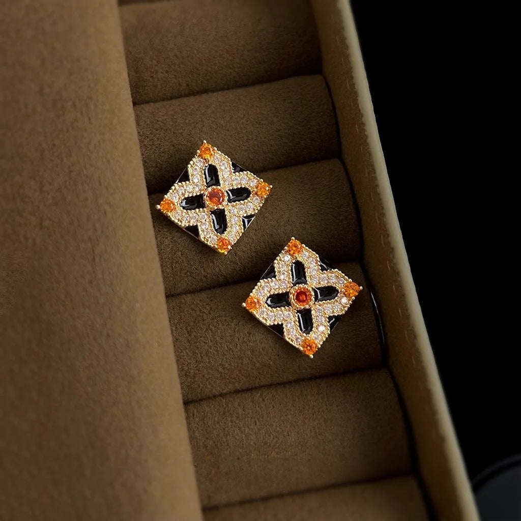Copper Enamel Floral Geometric Micro Pave Zircon Stud Earrings For Women