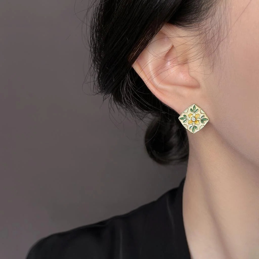 Chinese Style Enamel Drip Glaze Silver Plated Copper Floral Geometric Stud Earrings