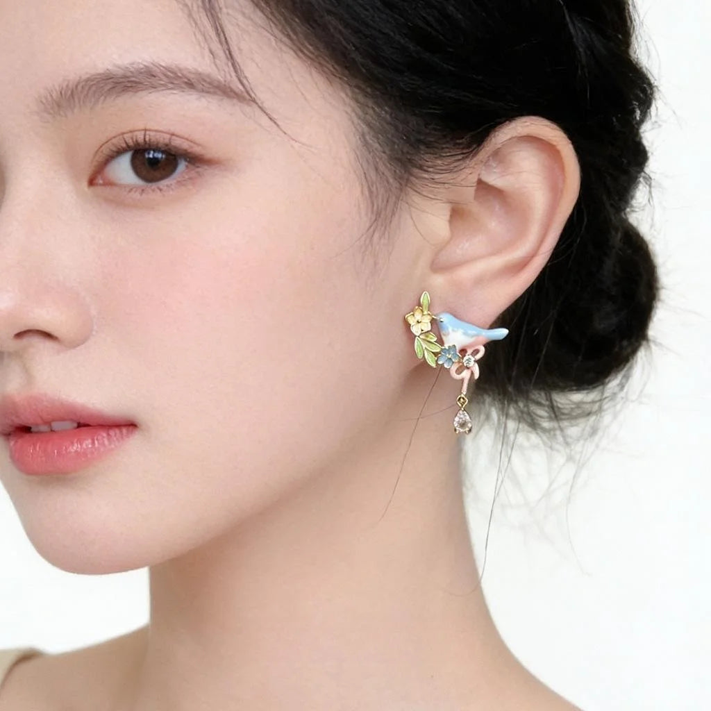 Sweet Pastoral Copper Enamel Bird Drop Earrings With Micro Pave Zircon