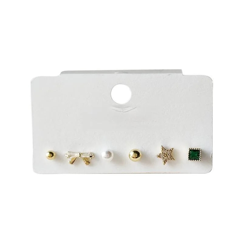 6 Piece 14K Gold Plated Copper Micro Pave Zircon Geometric Round Stud Earrings
