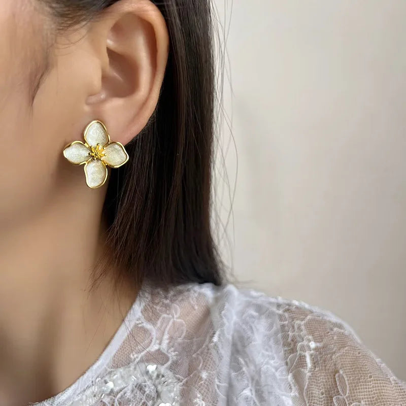 Elegant French Gold Tone Floral Enamel Alloy Stud & Clip On No Piercing Sweet Blossom Jewelry Earrings