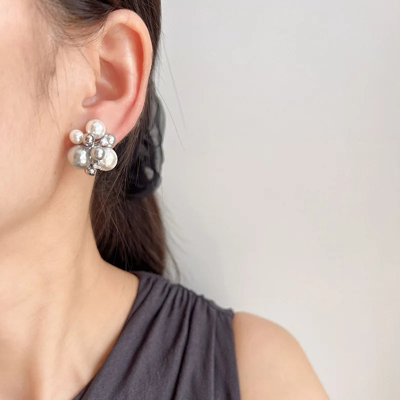 Luxury Grey Pearl Firework Cluster Rhinestone Stud & Clip On No Piercing Women's Fashion Earrings