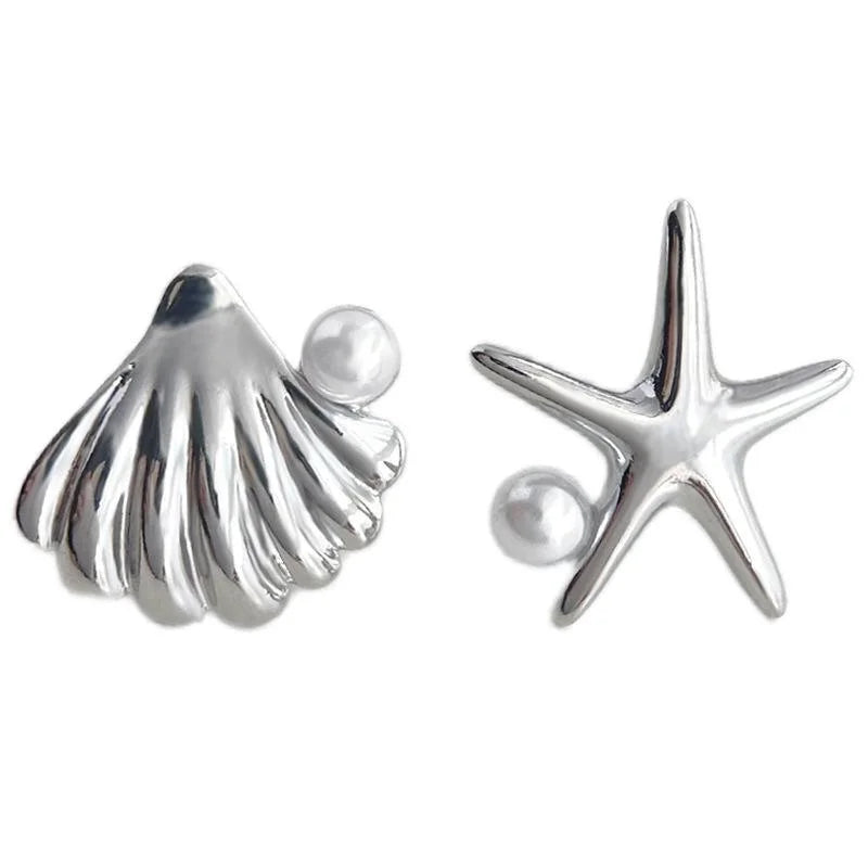 Ocean Series Asymmetric Starfish Shell Pearl Copper Stud Earrings Minimalist Chic Jewelry