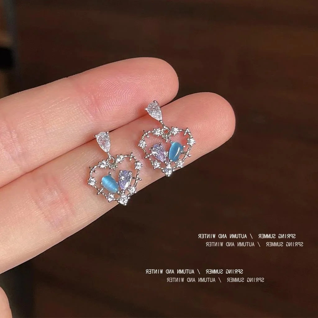 Sweet Cool Copper Hollow Heart Stud Earrings With Micro Pave Zircon And Two Tone Glass Cat Eye Stone