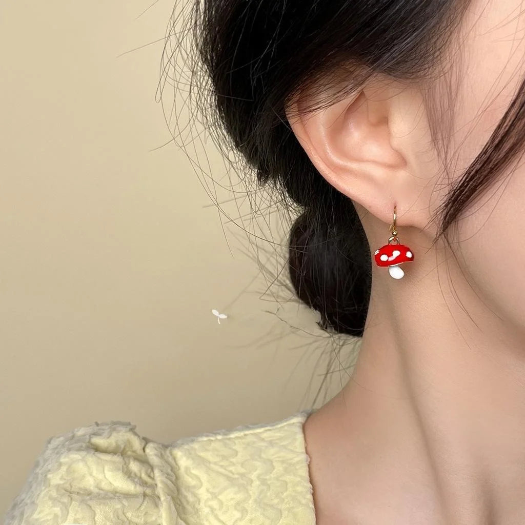Cute Red Mushroom Copper Drop Earrings Forest Fairy Whimsical Designer Jewelry For Women