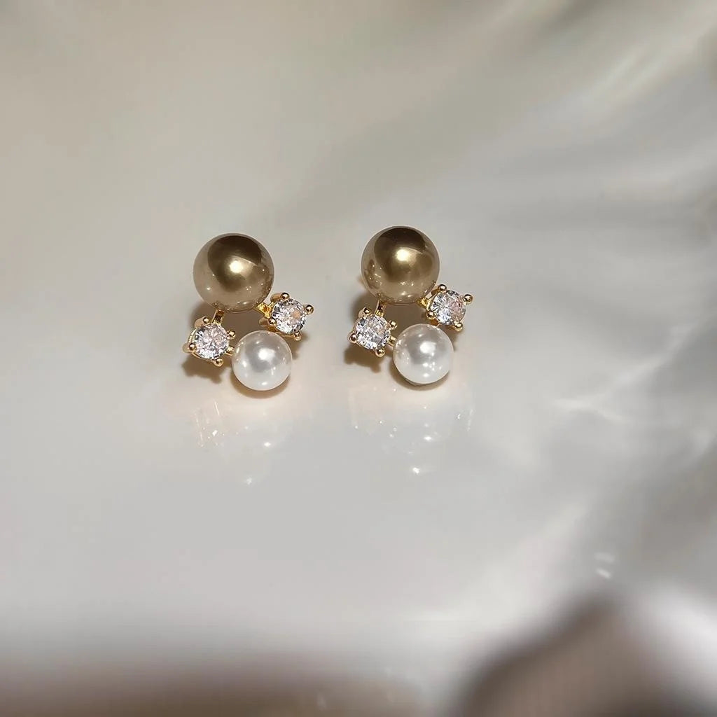 14K Plated Copper Coffee Pearl Zircon Micro Pave Maillard Style Stud Earrings