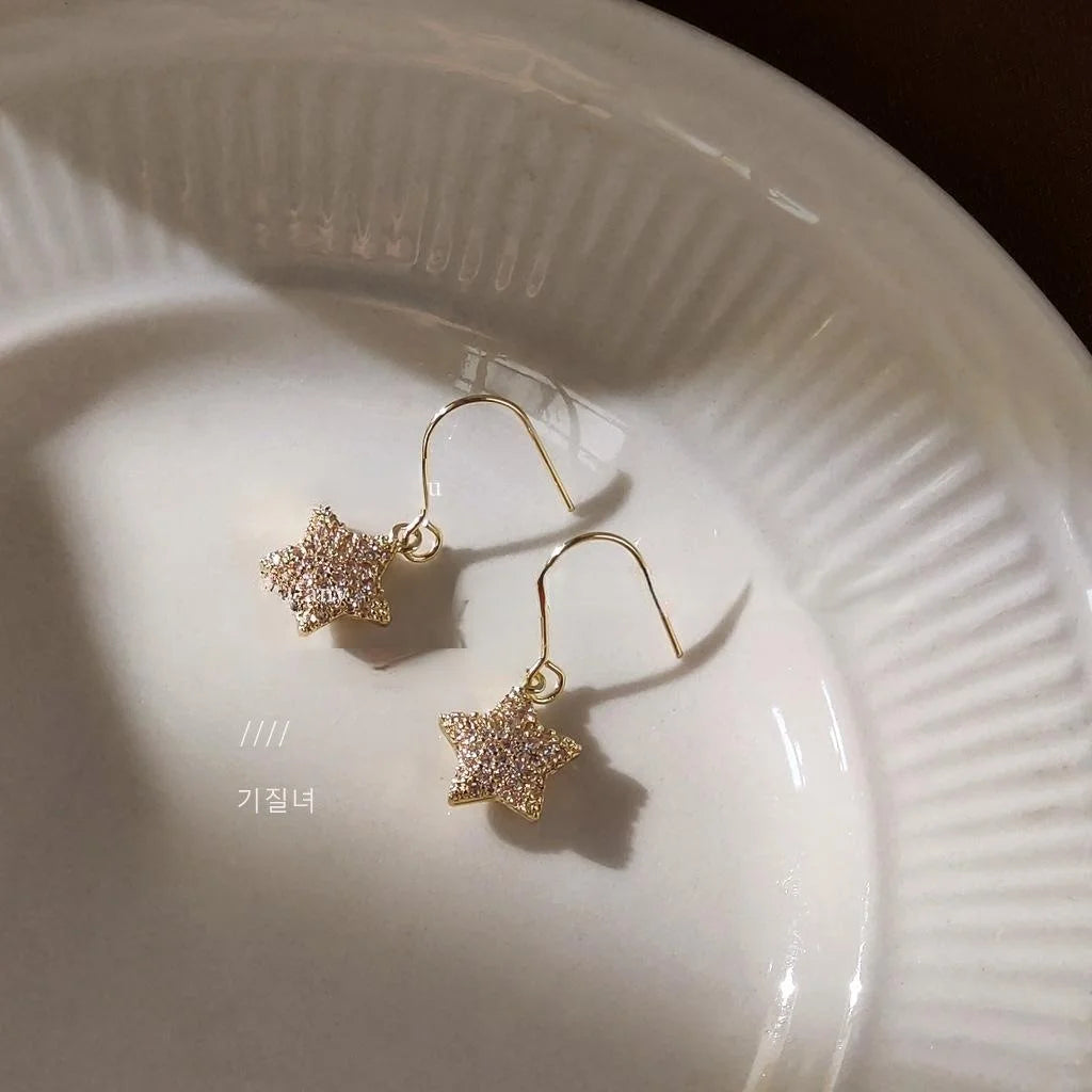 14K Gold Plated Copper Mini Star Drop Earrings Micro Pave Zircon Korean Minimalist Jewelry