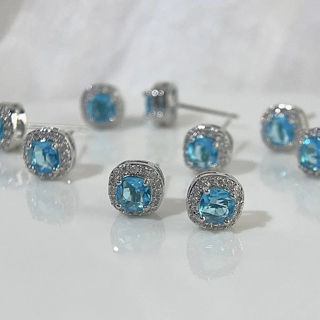 Minimalist Aqua Blue Square Geometric Zircon Stud Earrings Copper Fashion Jewelry