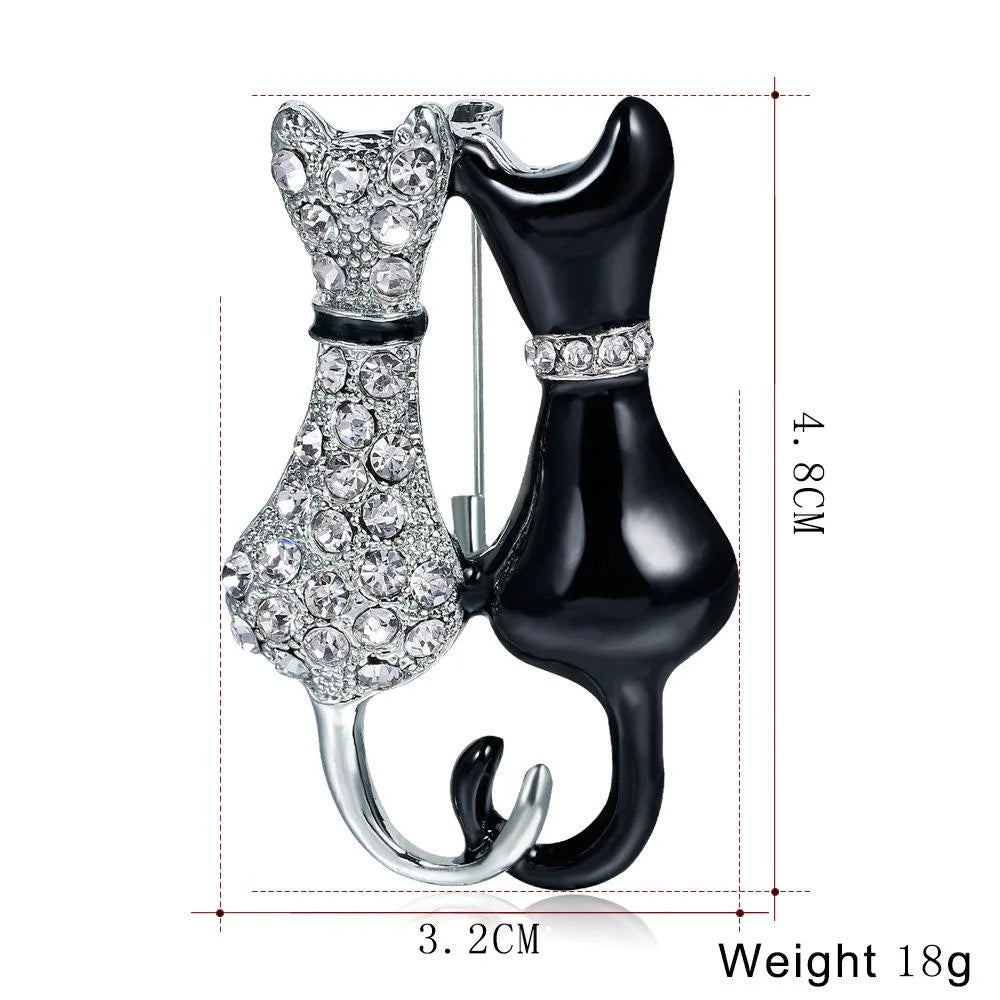 Elegant Black White Enamel Rhinestone Double Cat Brooch, Alloy Lapel Pin Corsage Suit Accessory Gift