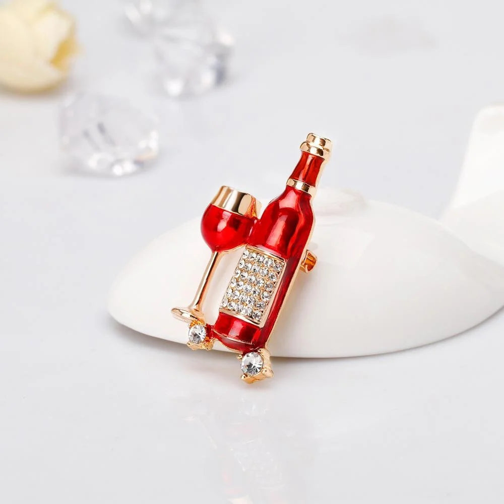 Luxury Enamel Rhinestone Wine Bottle And Glass Alloy Brooch, Elegant Creative Lapel Pin Suit Accessory