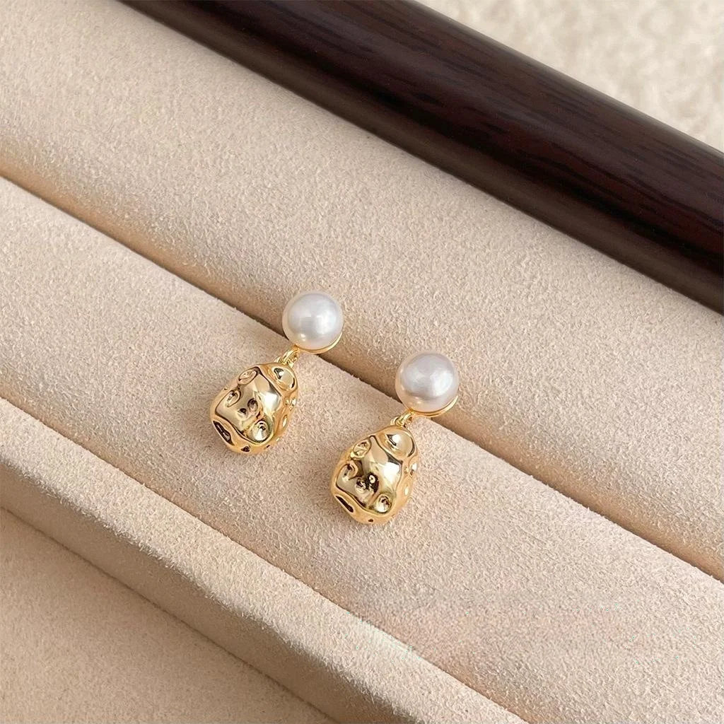 Vintage Freshwater Pearl 14K Gold Plated Copper Irregular Geometric Drop Earrings