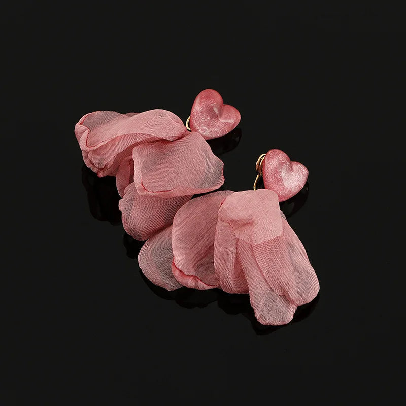 Elegant Pink Heart And Soft Flower Petal Alloy Stud & Clip On No Piercing Long Dangle Drop Earrings