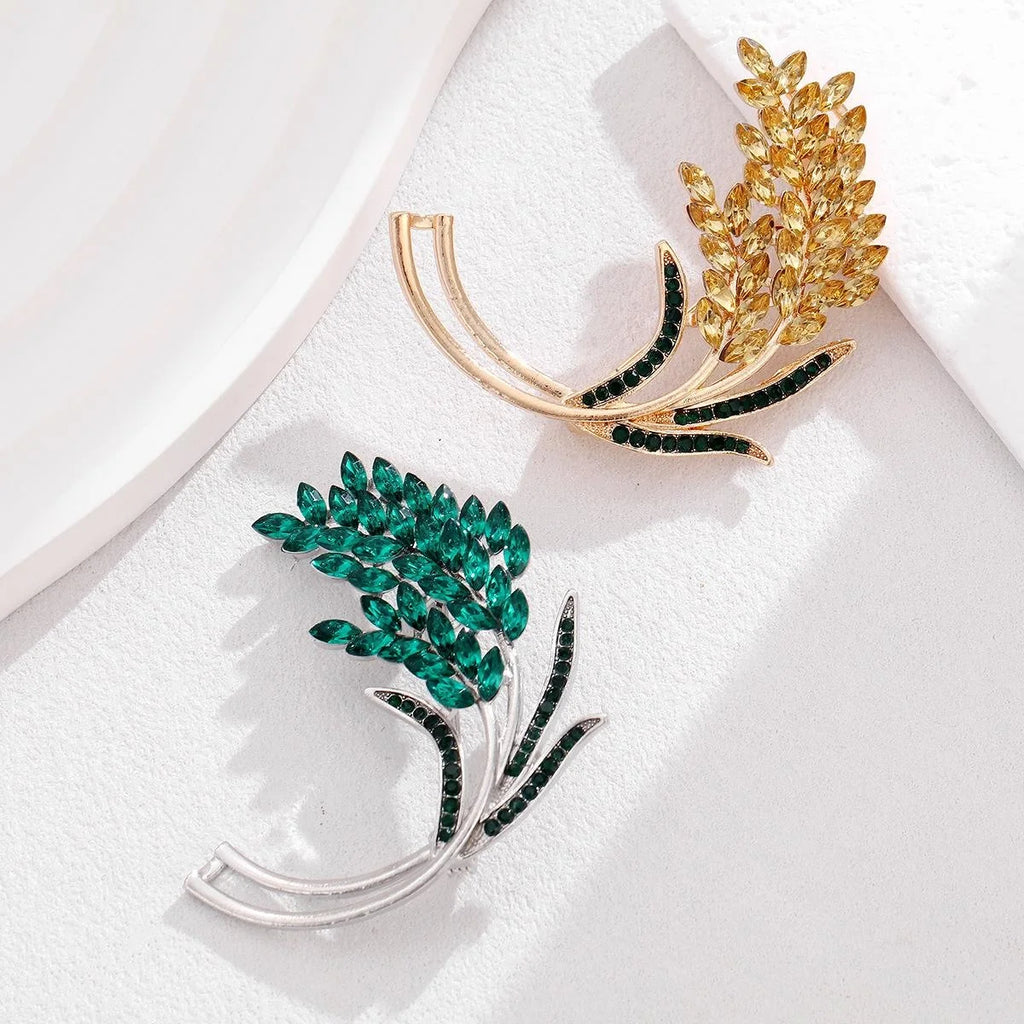 Luxury Wheat Sheaf Alloy Brooch With Gold Rhinestone Leaves, Elegant Lapel Pin Corsage Suit Accessory