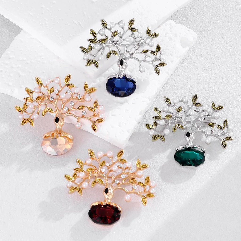Elegant Fortune Tree Brooch With Pearls, Rhinestones And Red Crystal, Gold Alloy Lapel Pin Corsage Gift