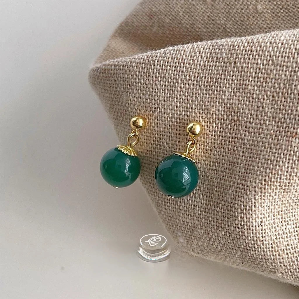 Neo Chinese Palace Style Green Agate Geometric Round Handmade Drop Earrings