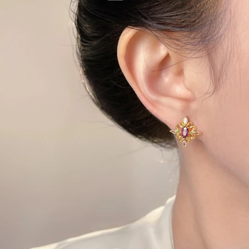 Original Light Luxury 14K Plated Copper Zircon Flower Stud Earrings