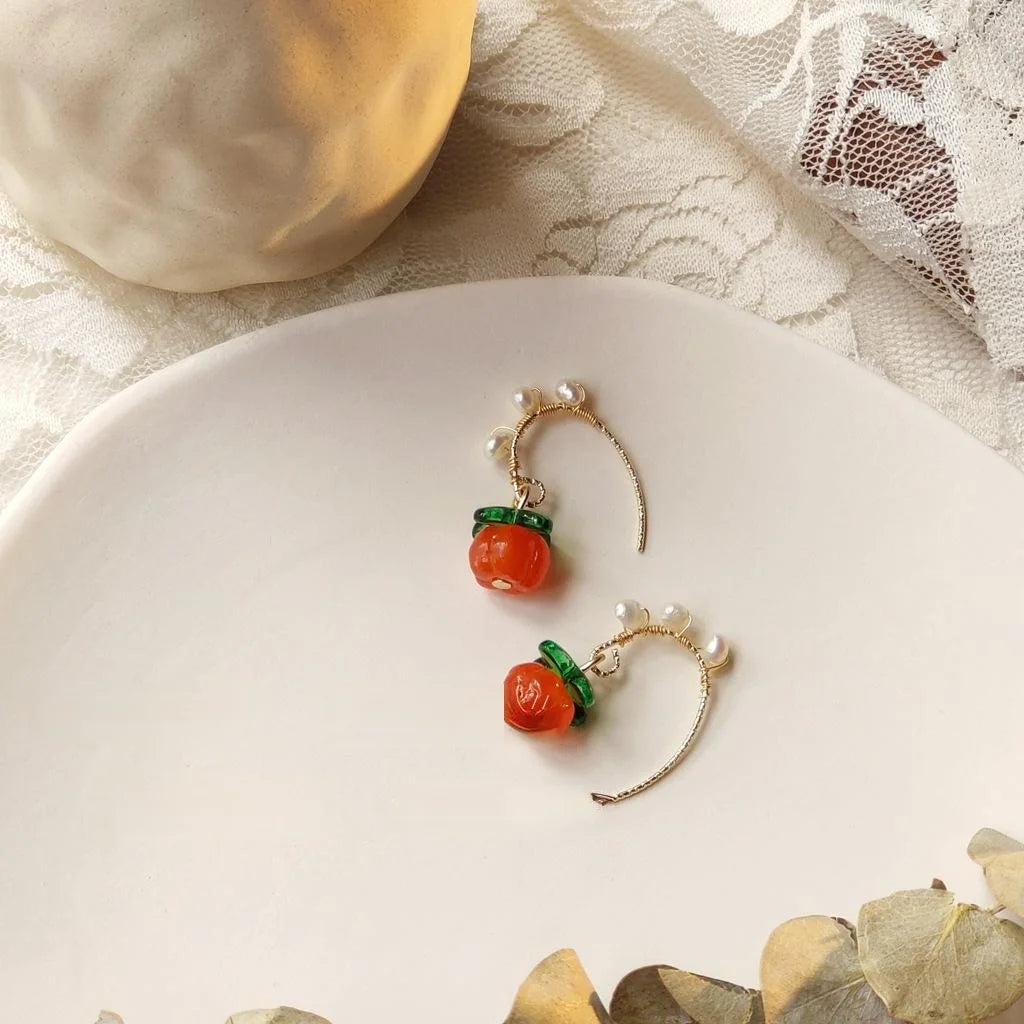 Vintage New Chinese Handmade Glass Persimmon Freshwater Pearl Drop Earrings Autumn Fruit Jewelry