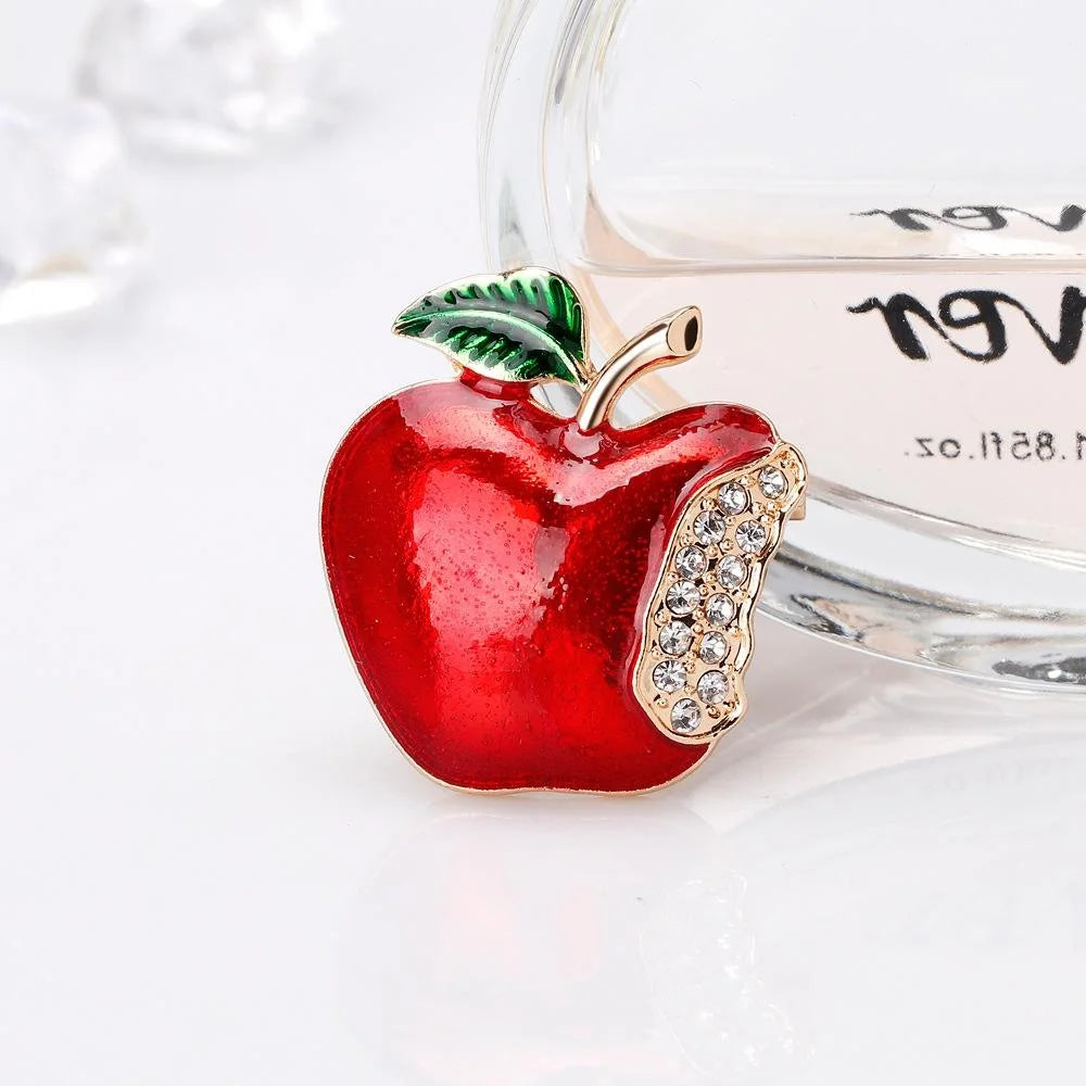 Cute Red Enamel Apple Brooch With Rhinestone Bite, Gold Alloy Christmas Lapel Pin Corsage Gift