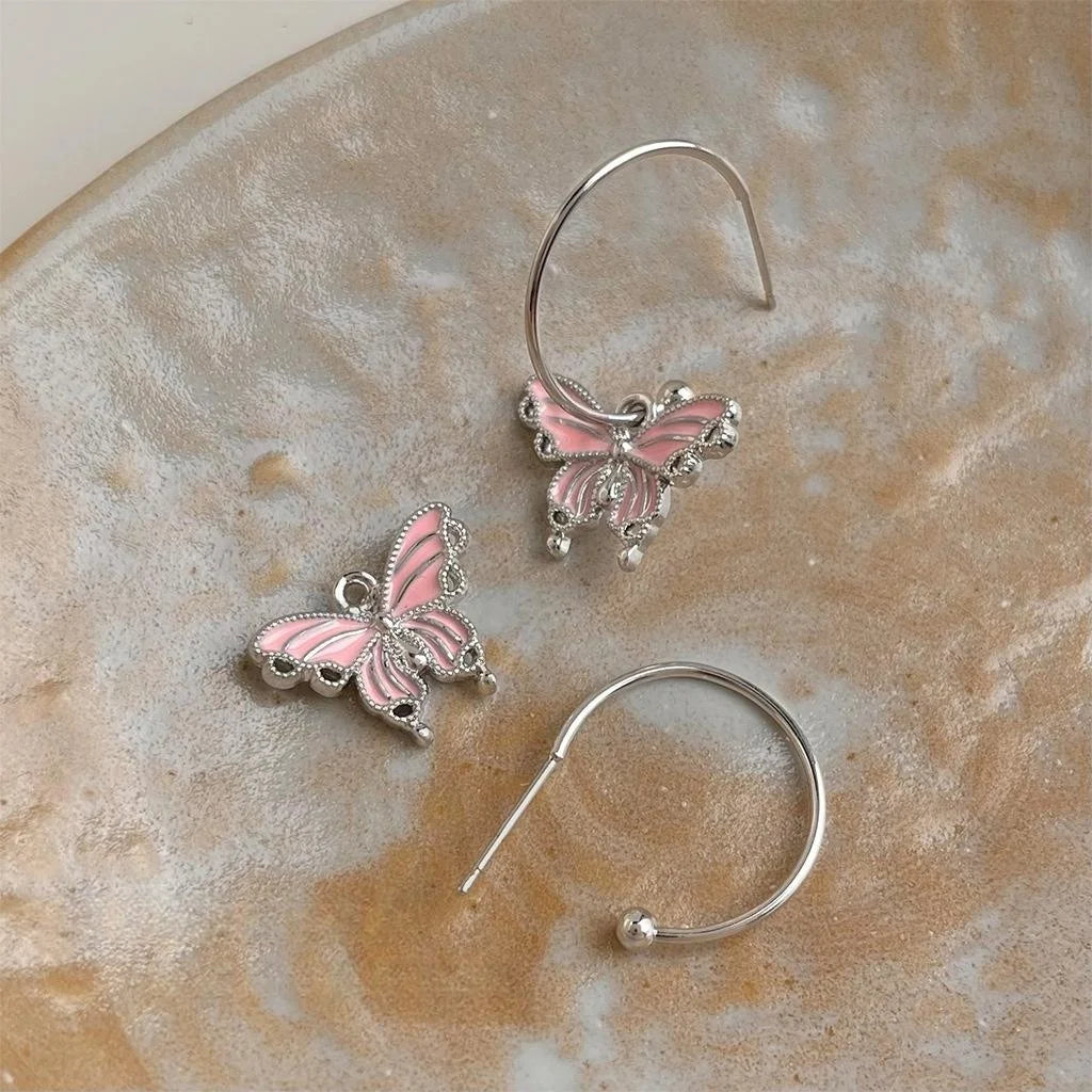 Sweet Cool Pink Butterfly Copper Drop Earrings For Girls, Designer Fashion Jewelry