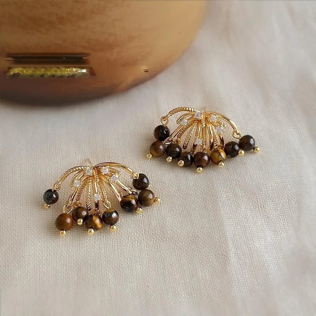 Maillard Style Silver Plated Copper Natural Tiger Eye Zircon Firework Tassel Drop Earrings