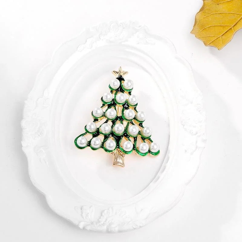 Elegant Christmas Tree Brooch With Pearl Beads And Green Enamel Alloy Lapel Pin For Holiday Suit Accessory Gift