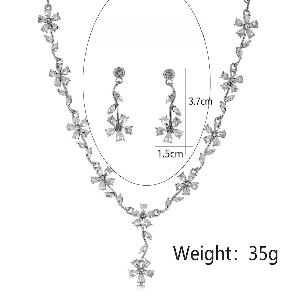 Luxury Floral Zircon Jewelry Set Elegant Silver Tone Necklace Earrings For Wedding Party Banquet Gift