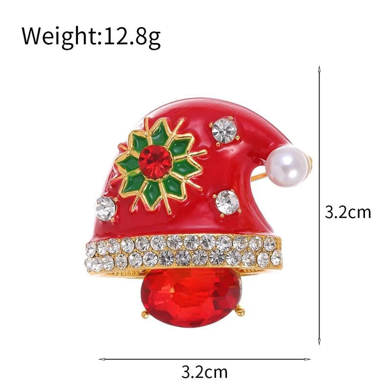Elegant Enamel Santa Hat Brooch With Rhinestone Flower And Pearl Trim, Christmas Lapel Pin Gift