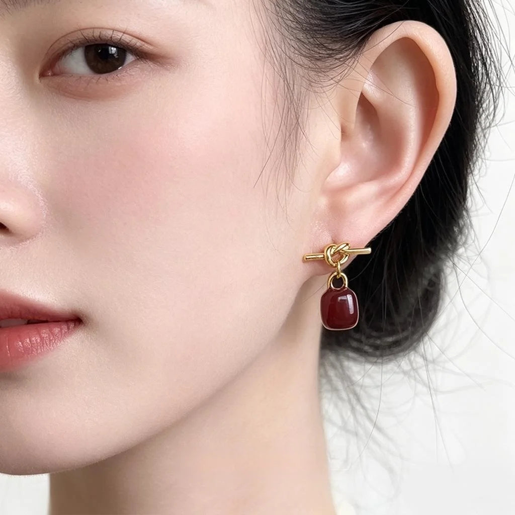 Burgundy Enamel Rope Knot Heart Bow Drop Earrings Copper Hong Kong Style Designer Jewelry