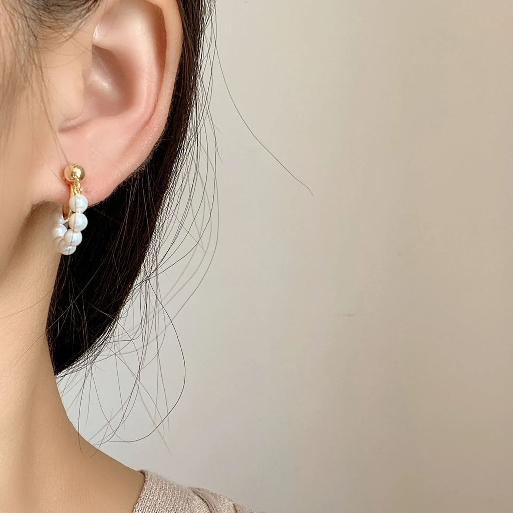 Elegant Shell Pearl Hoop Drop Stud & Clip On No Piercing Gold Alloy French Luxury Earrings