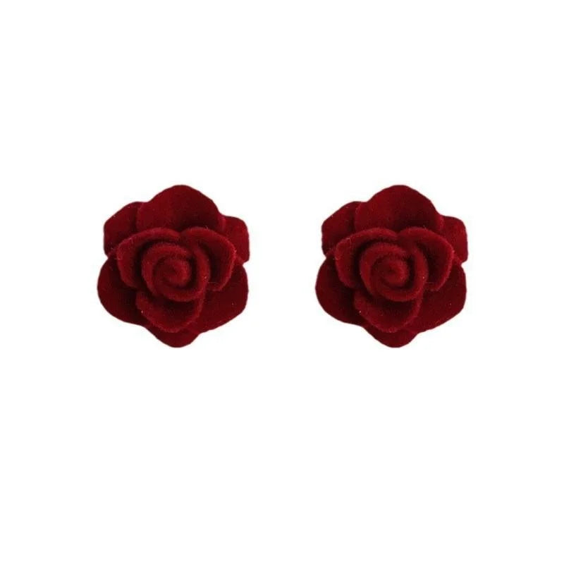 French Vintage Burgundy Flocked Resin Rose Flower Stud Earrings With Silver Plated Pins
