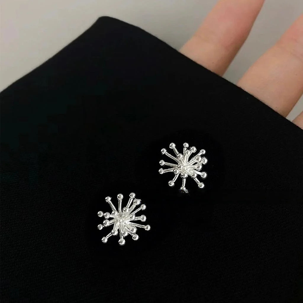 Niche Designer Silver Tone Copper Dandelion Stud Earrings Creative Light Luxury Floral Jewelry