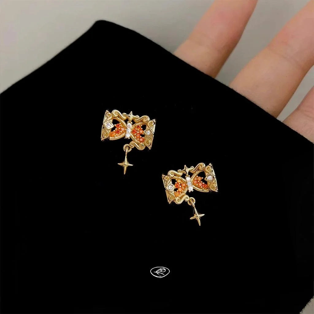 Light Luxury Copper Zircon Bow Star Hourglass Stud Earrings With Silver Plated Pins