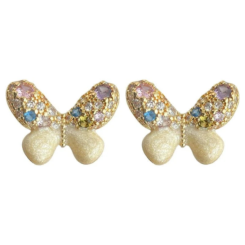 14K Gold Plated Copper Butterfly Stud Earrings With Colorful Zircon Micro Pave And Enamel
